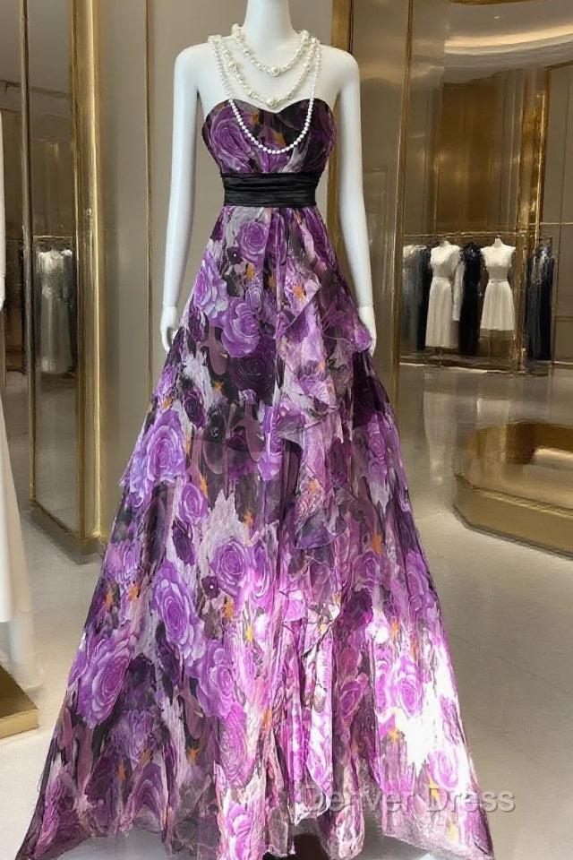 Vintage A Line Sleeveless Long Floral Chiffon Evening Dresses Prom Dresses Main image