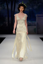 Vintage A Line Small Flying Sleeves Lace Satin Long Prom Dress