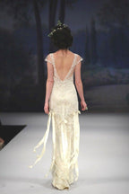 Vintage A Line Small Flying Sleeves Lace Satin Long Prom Dress