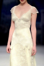 Vintage A Line Small Flying Sleeves Lace Satin Long Prom Dress
