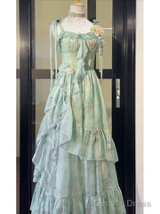 Vintage A Line Spaghetti Straps Green Floral Long Birthday Dresses Prom Dress Birthday Outfits