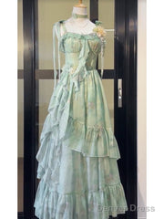 Vintage A Line Spaghetti Straps Green Floral Long Birthday Dresses Prom Dress Birthday Outfits