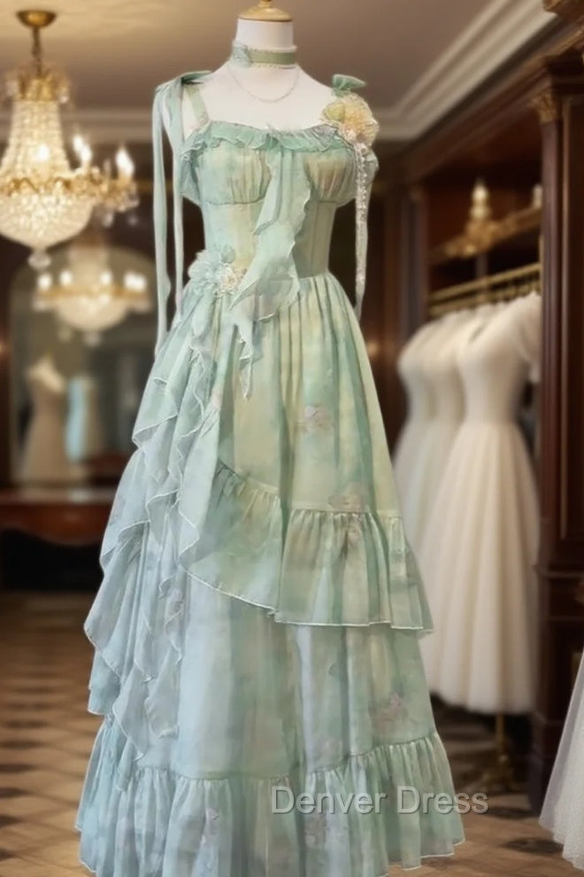 Vintage A Line Spaghetti Straps Green Floral Long Birthday Dresses Prom Dresses Birthday Outfits Main image