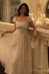 Vintage A Line Spaghetti Straps Ivory Satin Prom Dresses Evening Gowns