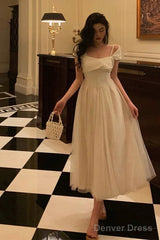Vintage A Line Spaghetti Straps Ivory Satin Prom Dresses Evening Gowns