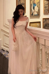 Vintage A Line Spaghetti Straps Ivory Satin Prom Dresses Evening Gowns