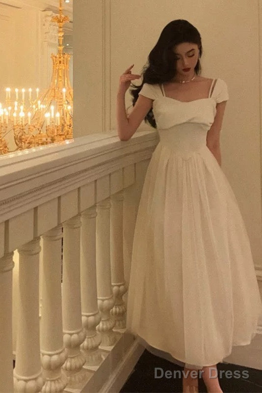 Vintage A Line Spaghetti Straps Ivory Satin Prom Dresses Prom Gown