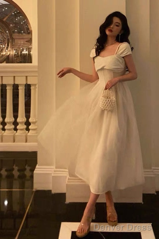 Vintage A Line Spaghetti Straps Ivory Satin Prom Dresses Prom Gown Main image