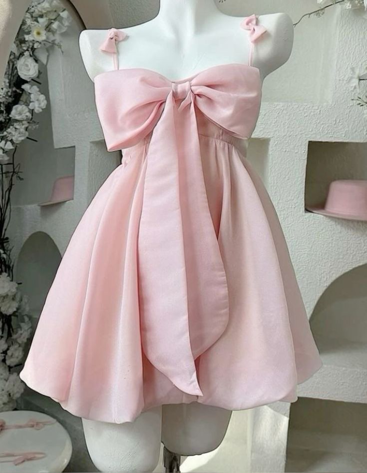 Vintage A Line Spaghetti Straps Pink Satin Bow-Knot Short Mini Prom 8Th Grade Homecoming Dress Summer Middle School Hoco Dresses Birthday Outfits Secondary image