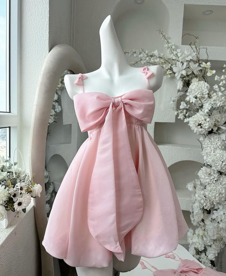 Vintage A Line Spaghetti Straps Pink Satin Bow-Knot Short Mini Prom 8Th Grade Homecoming Dress Summer Middle School Hoco Dresses Birthday Outfits Main image