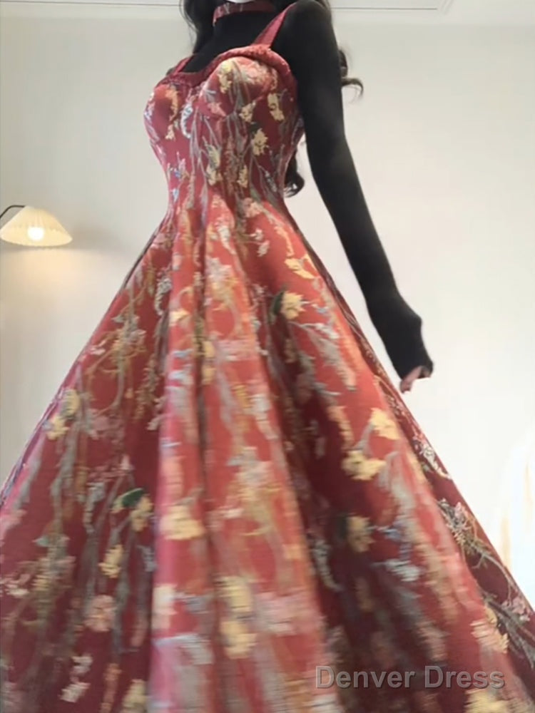 Vintage A Line Spaghetti Straps Red Floral Long Birthday Dress Prom Dresses Birthday Outfits