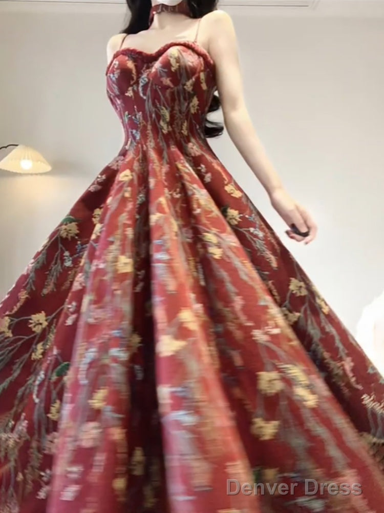 Vintage A Line Spaghetti Straps Red Floral Long Birthday Dress Prom Dresses Birthday Outfits Main image