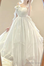 Vintage A Line Spaghetti Straps White Floral Long Birthday Dress Prom Dresses Chiffon Birthday Outfits