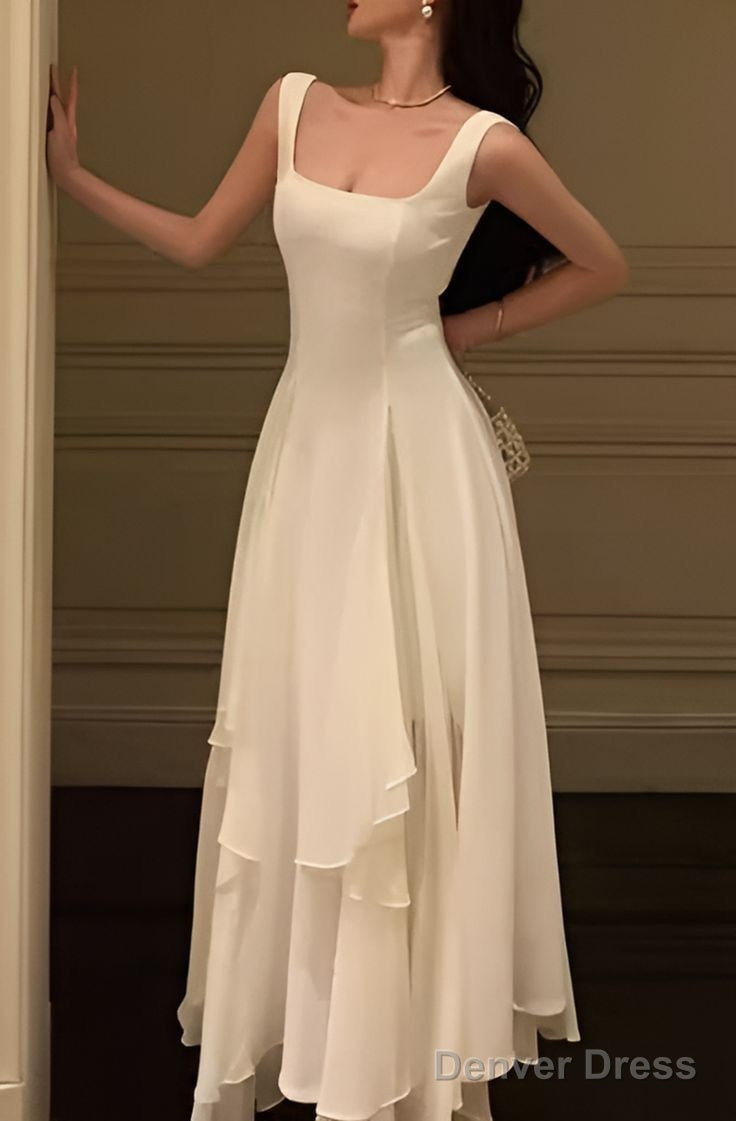 Vintage A Line Square Neckline White Ruffles Chiffon Long Prom Dress Formal Dresses Secondary image