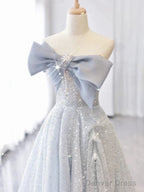 Vintage A Line Strapless Light Sky Blue Tulle Long Prom Dresses Party Evening Dress