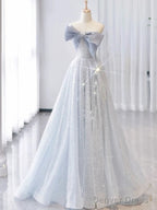 Vintage A Line Strapless Light Sky Blue Tulle Long Prom Dresses Party Evening Dress