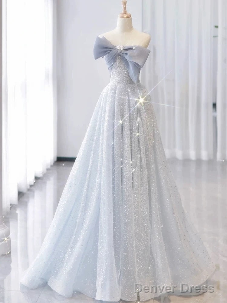Vintage A Line Strapless Light Sky Blue Tulle Long Prom Dresses Party Evening Dress Main image