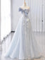 Vintage A Line Strapless Light Sky Blue Tulle Long Prom Dresses Party Evening Dress