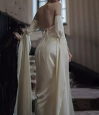 Vintage A Line Strapless Long Sleeves White Silk Satin Backless Wedding Dresses