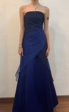 Vintage A Line Strapless Navy Blue Long Prom Dresses