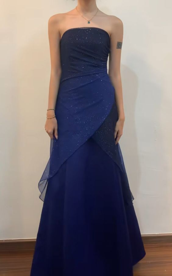 Vintage A Line Strapless Navy Blue Long Prom Dresses