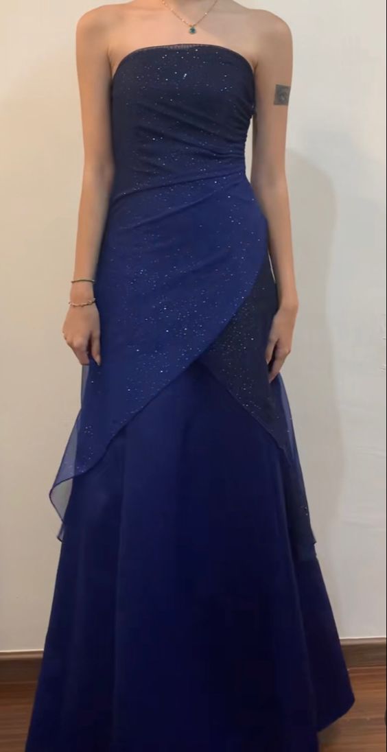 Vintage A Line Strapless Navy Blue Long Prom Dresses