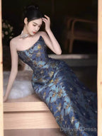 Vintage A Line Strapless Party Dresses Long Blue Prom Dresses