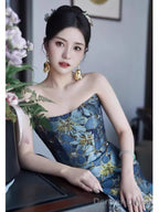 Vintage A Line Strapless Party Dresses Long Blue Prom Dresses