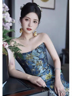 Vintage A Line Strapless Prom Dress Long Blue Prom Dresses