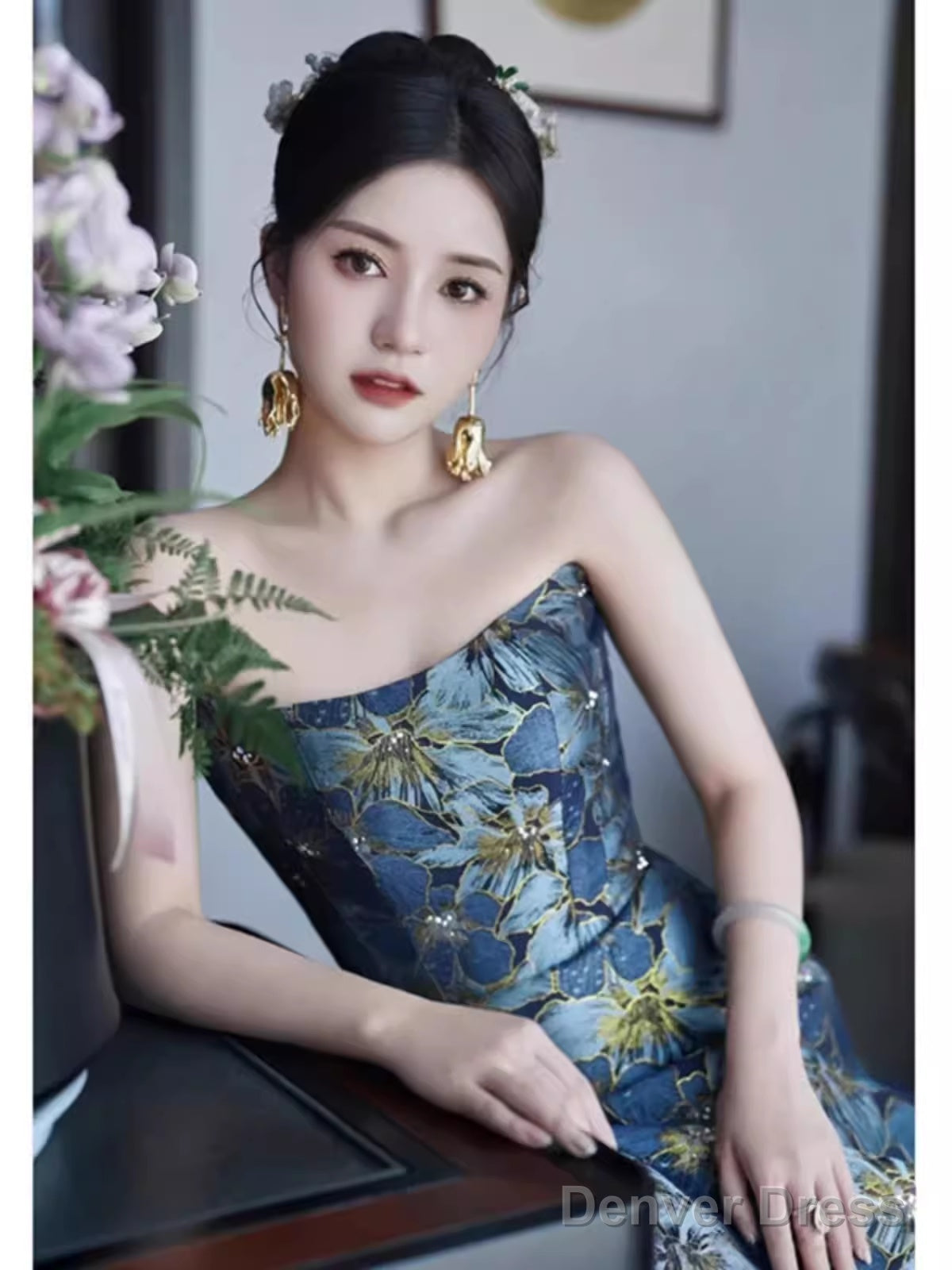 Vintage A Line Strapless Prom Dress Long Blue Prom Dresses