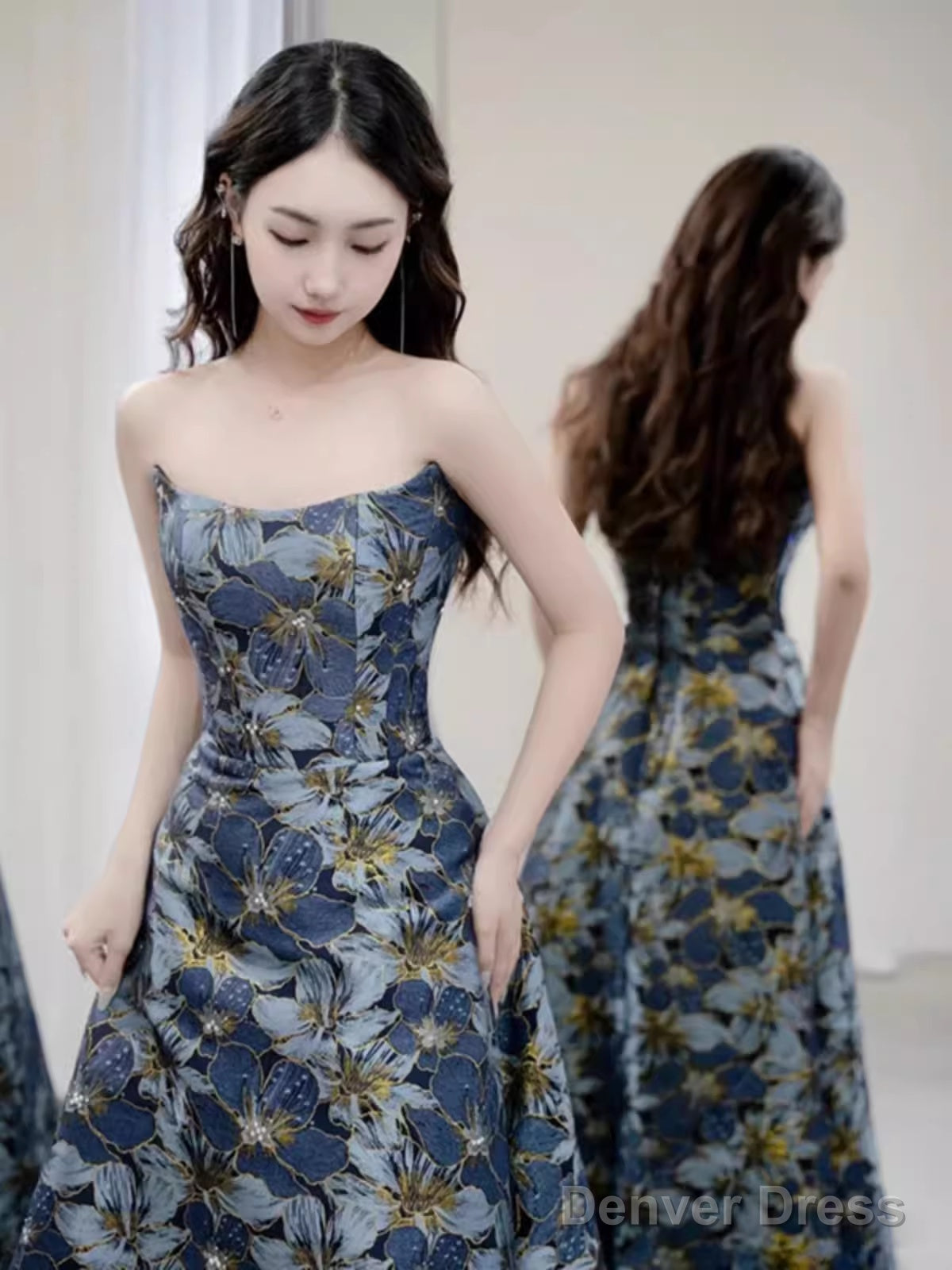 Vintage A Line Strapless Party Dresses Long Blue Prom Dresses