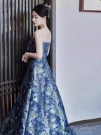 Vintage A Line Strapless Party Dresses Long Blue Prom Dresses