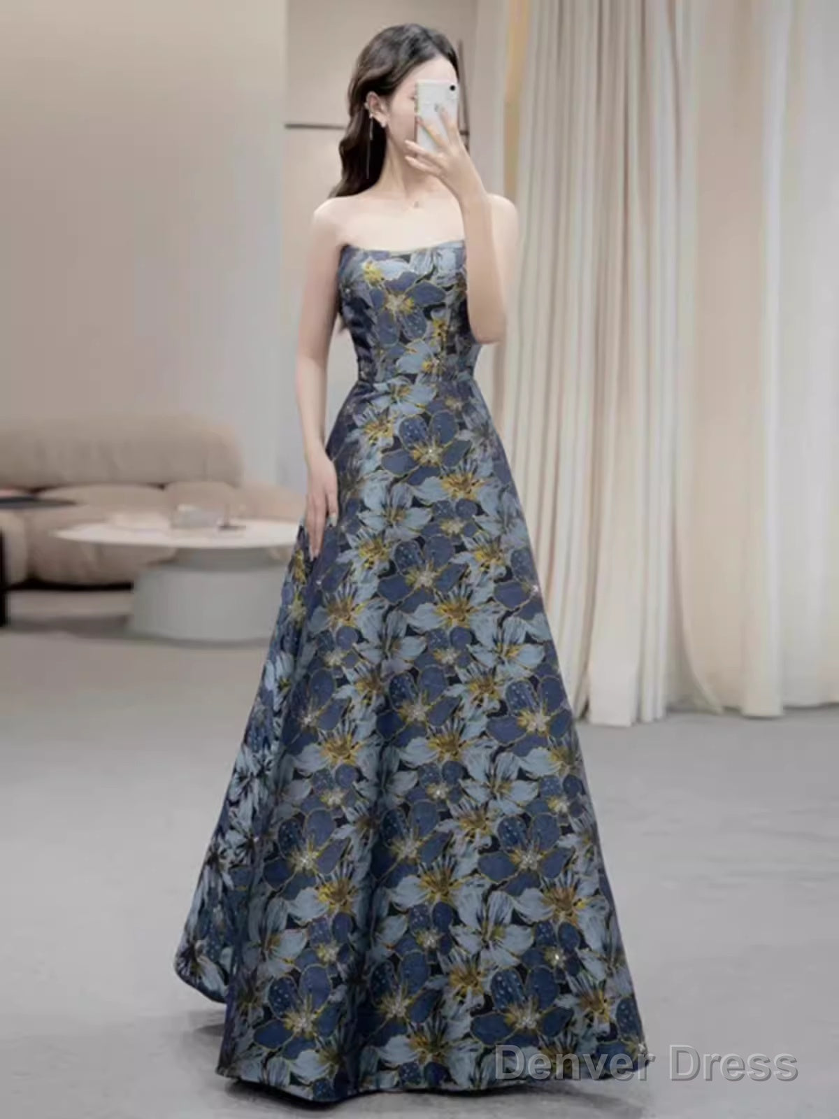 Vintage A Line Strapless Prom Dress Long Blue Prom Dresses
