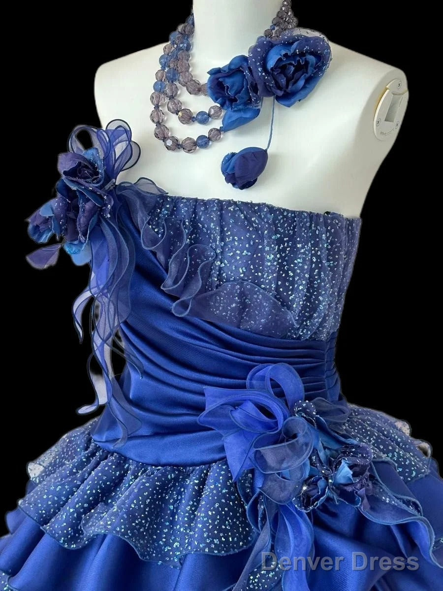 Vintage A-Line Strapless Satin Tulle Long Ball Dress Klein Blue 3D Applique Evening Dress