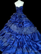 Vintage A-Line Strapless Satin Tulle Long Ball Dress Klein Blue 3D Applique Evening Dress