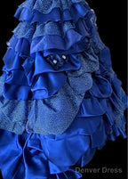 Vintage A-Line Strapless Satin Tulle Long Ball Dress Klein Blue 3D Applique Evening Dress