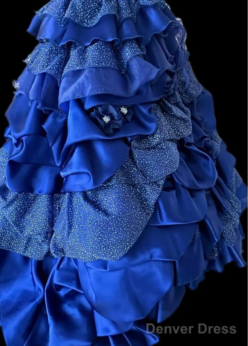 Vintage A-Line Strapless Satin Tulle Long Ball Dress Klein Blue 3D Applique Evening Dress