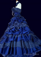 Vintage A-Line Strapless Satin Tulle Long Ball Dress Klein Blue 3D Applique Evening Dress