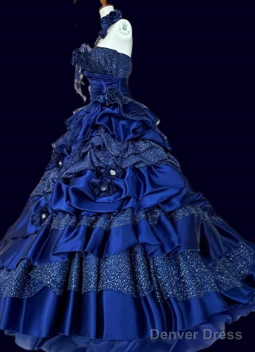 Vintage A-Line Strapless Satin Tulle Long Ball Dress Klein Blue 3D Applique Evening Dress