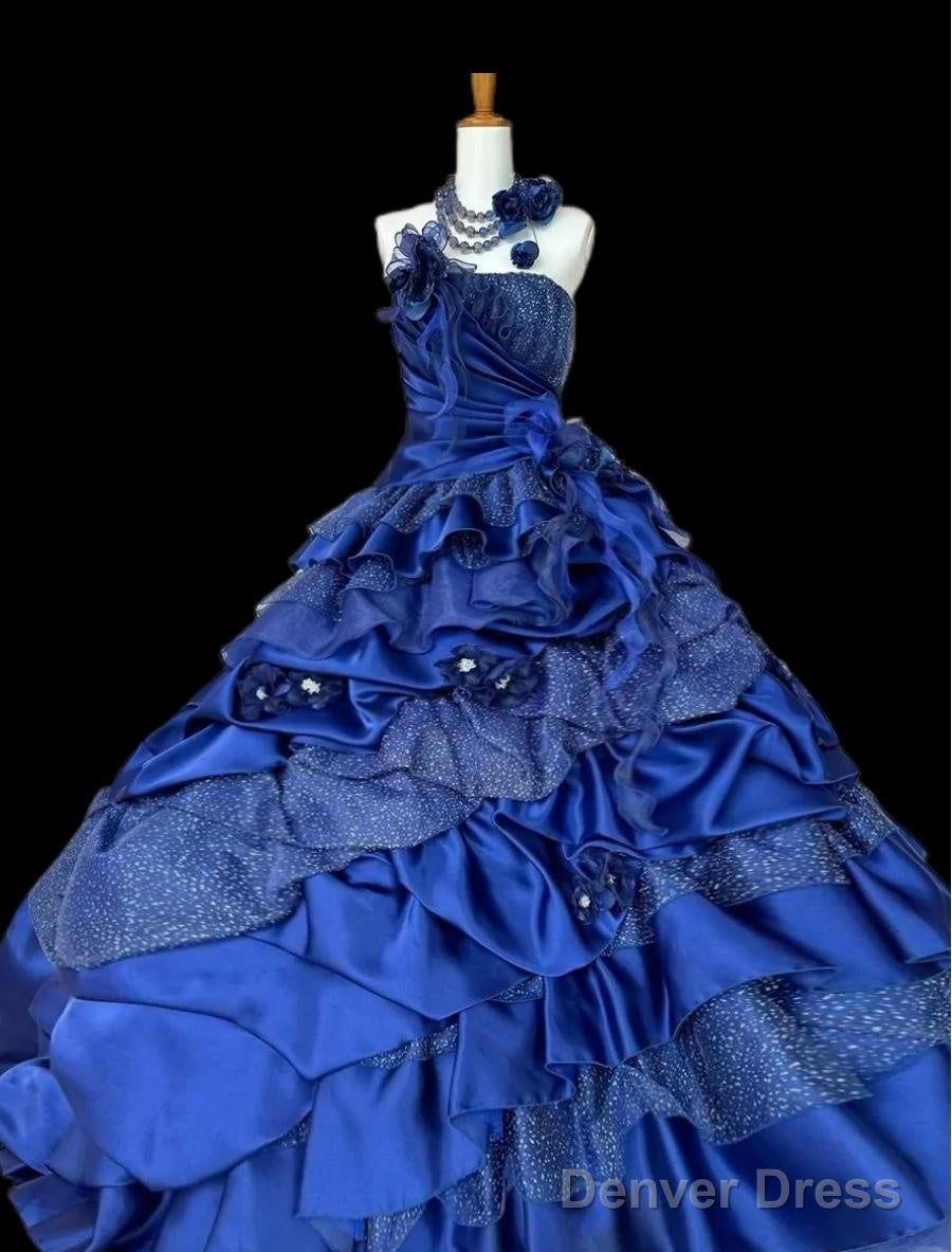Vintage A-Line Strapless Satin Tulle Long Ball Dress Klein Blue 3D Applique Evening Dress
