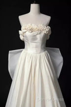 Vintage A Line Strapless Satin White Long Wedding Dress Brides Dresses