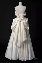 Vintage A Line Strapless Satin White Long Wedding Dresses Brides Dresses