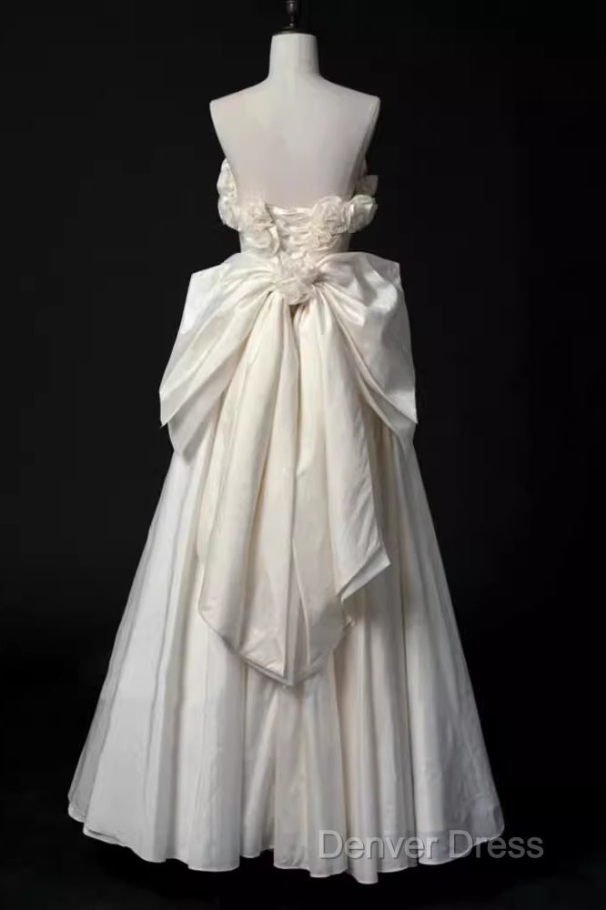 Vintage A Line Strapless Satin White Long Wedding Dresses Brides Dresses