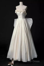 Vintage A Line Strapless Satin White Long Wedding Dresses Brides Dresses