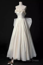 Vintage A Line Strapless Satin White Long Wedding Dress Brides Dresses