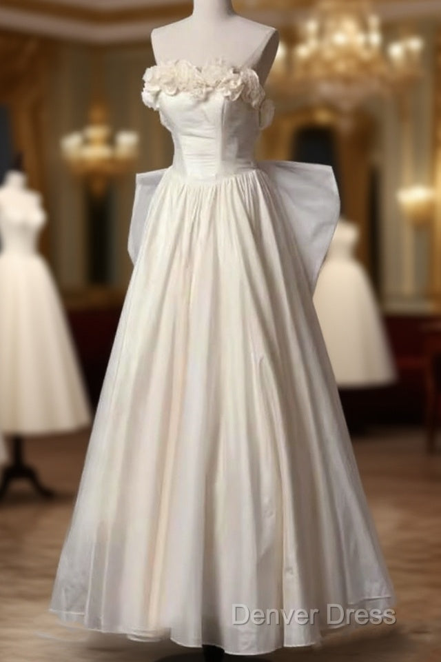 Vintage A Line Strapless Satin White Long Wedding Dresses Brides Dresses