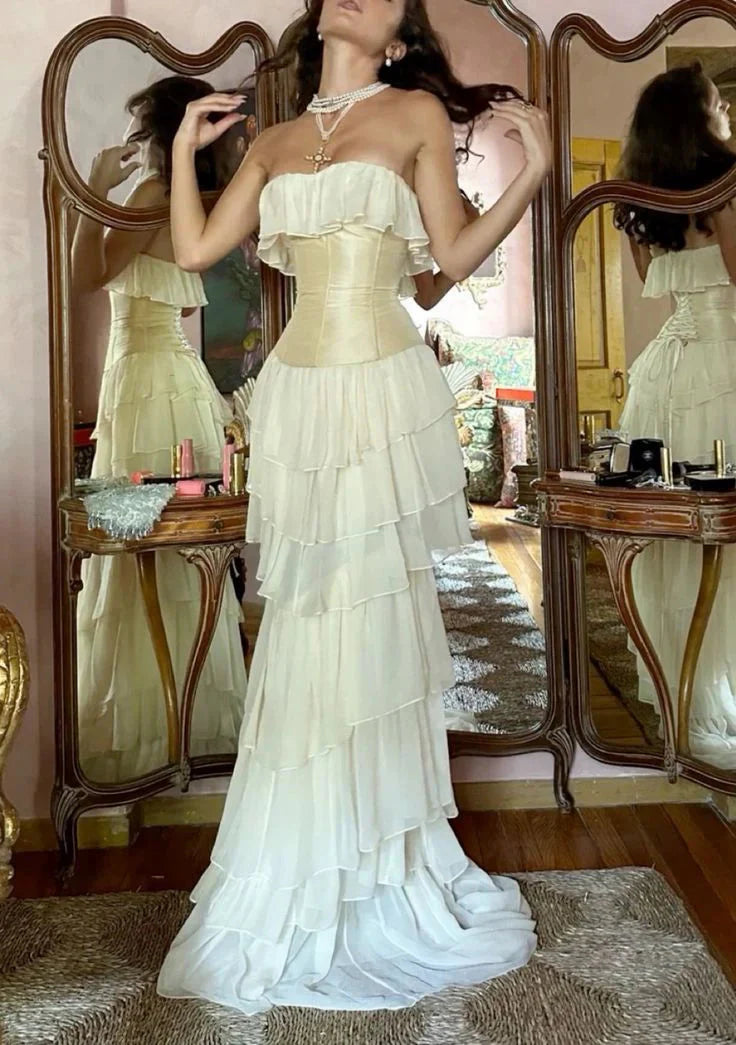 Vintage A Line Strapless White Chiffon Long Prom Dresses