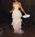Vintage A Line Strapless White Chiffon Long Prom Dresses