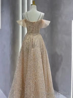 Vintage A Line Straps Champagne Tulle Long Prom Dress