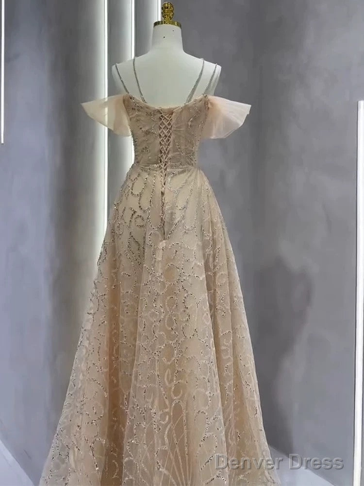 Vintage A Line Straps Champagne Tulle Long Prom Dress